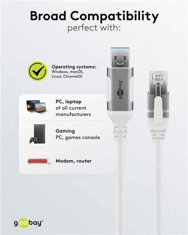 USB-A 3.0 naar RJ45 Ethernet kabel 10M - wit