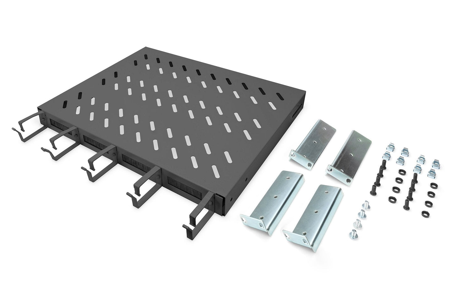19 Inch 1U legbord vaste inbouw voor 600 mm diepe kasten incl. kabelmanagement, zwart