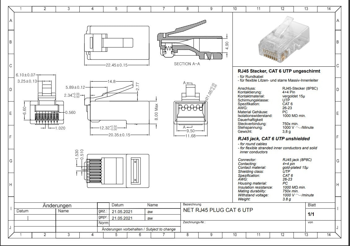 CAT6 Connector RJ45 - UTP 10 stuks voor soepele en stugge kabel