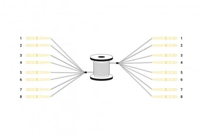 Reeds geassembleerde, 150 M universele breakout glasvezelkabel, singlemode OS2, 8 vezels, LC/UPC - LC/UPC