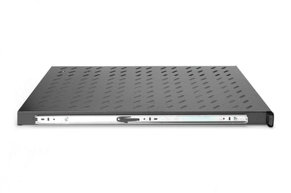 1U uitschuifbaar legbord voor 1000 mm diepe rekken 44x483x720 mm, tot 65 kg, zwart (RAL 9005)  Uittrekbaar, met stuur