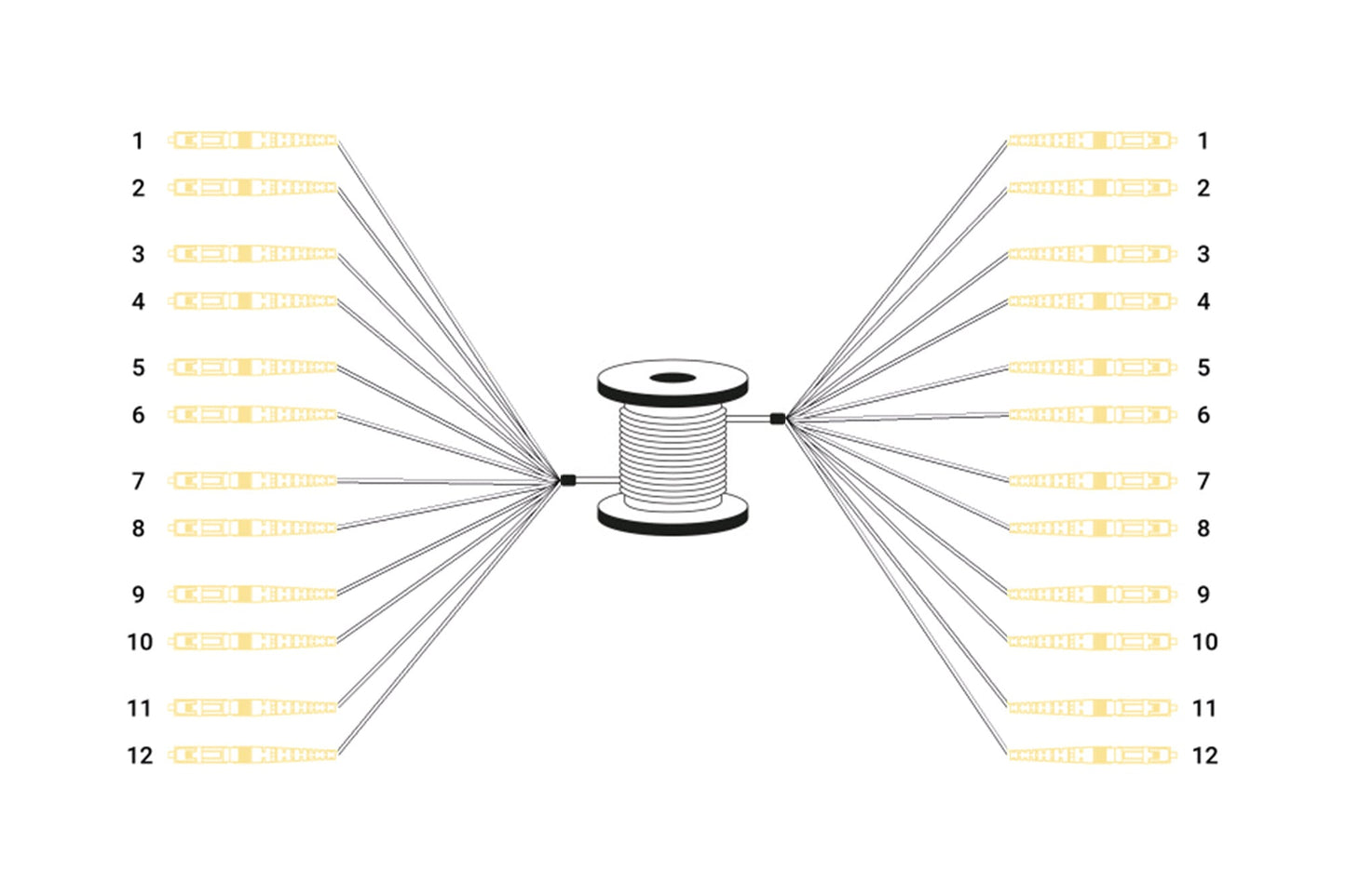 Reeds geassembleerde, 30 M universele breakout glasvezelkabel, singlemode OS2, 12 vezels, LC/UPC - LC/UPC