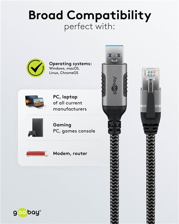 USB-A 3.0 naar RJ45 Ethernet kabel 2M - zwart