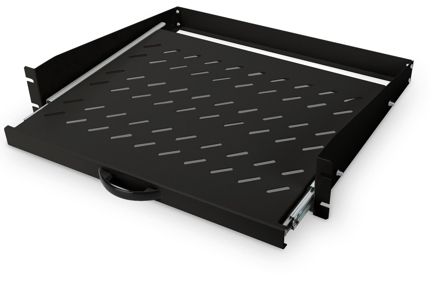 19Inch 2U uitschuifbaar legbord voor kasten vanaf 450 mm diepte 88x483x352 mm, tot 30 kg, zwart (RAL 9005)