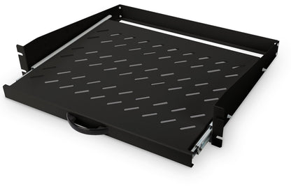 19Inch 2U uitschuifbaar legbord voor kasten vanaf 450 mm diepte 88x483x352 mm, tot 30 kg, zwart (RAL 9005)