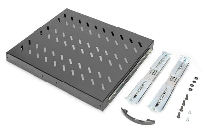 1U uitschuifbaar legbord voor 600 mm diepe rekken 40x485x368 mm, tot 25 kg, zwart (RAL 9005)